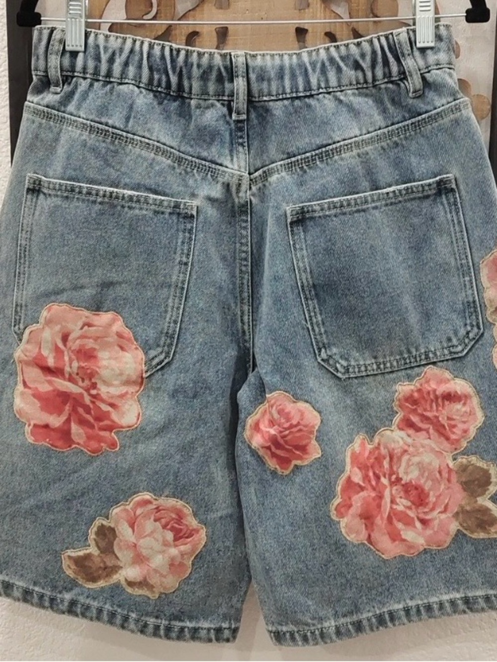Embroidered Floral Denim Drawstring Shorts - Blue - Picture 6 of 8